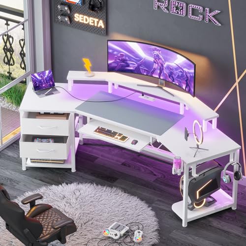 SEDETA 79" Gaming Desk, Computer Desk with 2 Fabric Drawers & LED Light, White Small Desk with Storage for Home Office, Carbon Fiber White - color: Carbon Fiber White