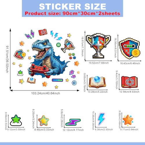 Gaming Dinosaur Wall Stickers Blue Pixel Art Dinosaur Game Console Trophy Decal Cartoon Peel and Stick for Kids Room Playroom (Dinosaur)