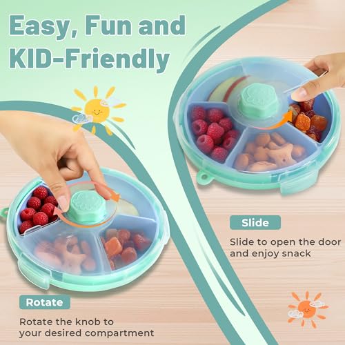 KingKam Kids Snack Spinner Containers, Reusable Toddler Spin Snack Container Box with 4 Compartments & Lid, BPA Free Food Grade Silicone Tray Dishwasher Safe, Travel Snacking Accessories (Blue/Green)