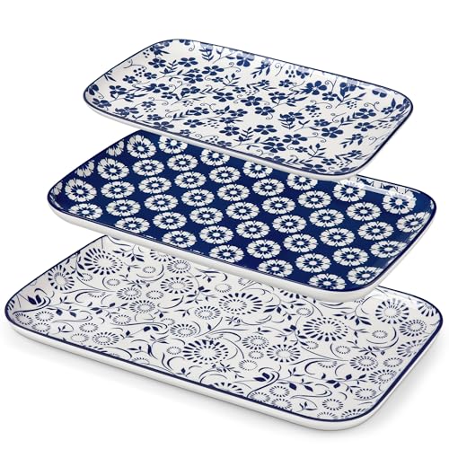 vancasso Porcelain Serving Platters Set of 3, Serving Trays for Party, Serving Dishes for Entertaining, Ceramic Trays for Serving Food, 16"/14"/12" Inch, Series SELENE - color: Vintage Blue B