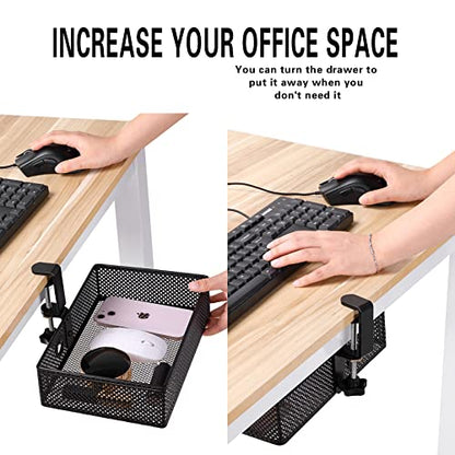 Mesh Desk Organizer and Clamp-on Swivel Pencil Drawer, Desk Hidden Extra Sturdy C-Clamp Mount System and Easy to Instal, Home Office Art Supply Storage Box (Black) - color: Black