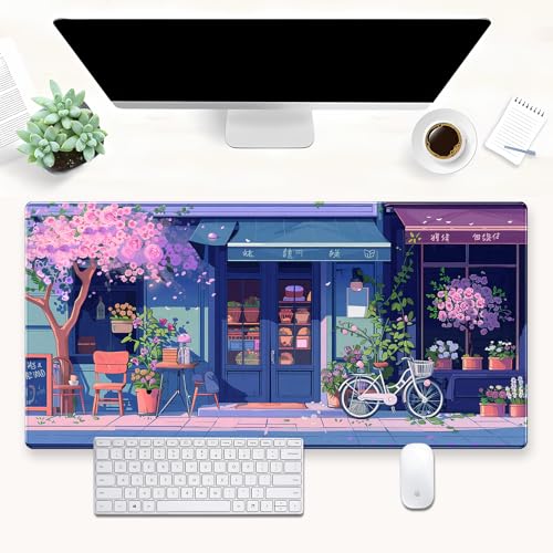 Pink Cherry Blossom Extended Gaming Mouse Pad Anime Flower Shop Desk Mat | Beautiful large desk mat featuring a cozy anime flower shop scene. Perfect for aesthetic purple desk decor. - color: Lofi Street Shop