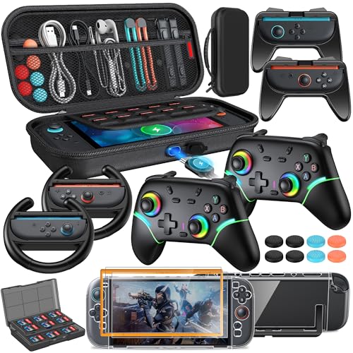 Switch 2 Accessories and Pro Style Controllers, [Charge Inside]Case Bundle for Nintendo Switch 2 Console,FYOUNG 23 IN 1 Kit:Carrying Case,Protective Shell,Grip for Joycon,Steering Wheel for Mario Kart - color: Black (2*controller)