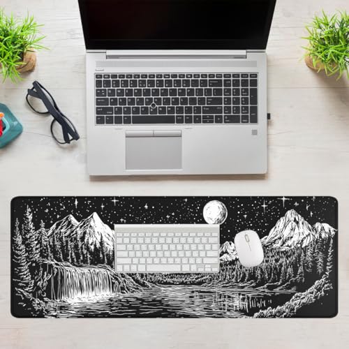 Moon Night Gaming Mouse Pad Dark Mountain Landscape Large Gaming Mouse Mat with Stitched Edges,Non-Slip Waterproof Rubber Base Office Computer Keyboard Laptop 31.5"x11.8" - color: Moon Night, size: 31.5L x 11.8W inches