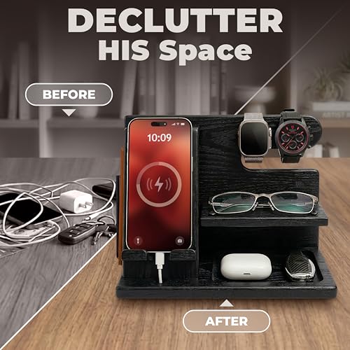 TESLYAR Wood Phone Docking Station for Men - Desktop or Nightstand Organizer - Birthday Gifts for Men, Dad - Anniversary Idea from Wife - Key Holder, Stand Wallet, Watch & Essentials (Granite Black) - color: Granite Black