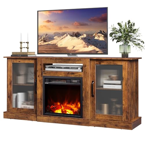 WLIVE Fireplace TV Stand for 65" TV, Entertainment Center with 3D Realistic Flame Electric Fireplace, TV Console with Open Shelves for Living Room, Rustic Brown - color: Rustic Brown, size: 58'' Fireplace TV Stand