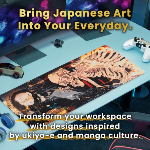 BELLEMOND Japanese Art Desk Mat | Large 31.5x11.8in Anime Mouse Pad for Keyboard & Mouse | Non-Slip Base, Water-Repellent | Original Japanese Design | Yokai Rising - color: Yokai Rising