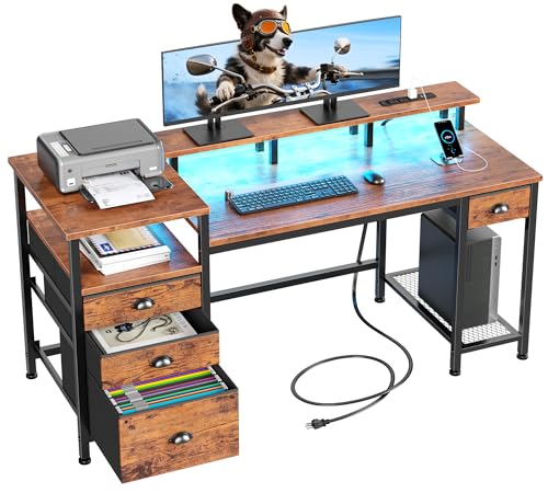 Furologee 60" Computer Desk with File Cabinet and Storage Shelves, Reversible Home Office Desk with LED Lights, Full Monitor Stand, Power Outlets, Study Gaming Table with 4 Drawers, Rustic Brown - color: Rustic Brown