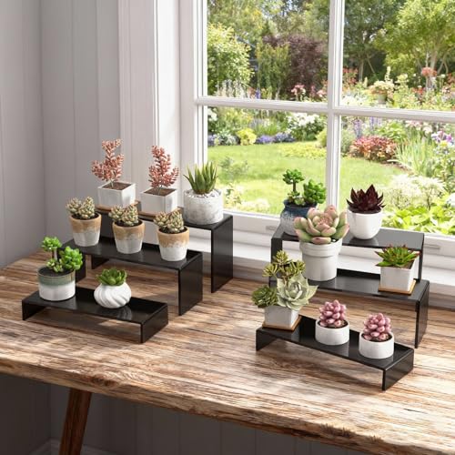6 PCs Risers Display Stands 3 Tiers Desktop Acrylic Shelves Cake Dessert Holder Products Stand for Collectibles Shoes Jewels Pop Figure （Black） - color: Black 6 PCs