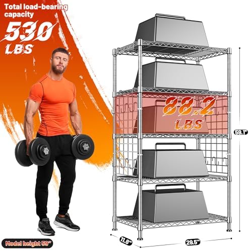 DurayLoly Storage Shelves with Hooks, Metal Shelving 5 Tier Adjustable, Storage Rack 530LBS, Chrome, Metal Shelf Easy Assemble, Wire Shelving for Kitchen, Pantry, 29.5" W x 11.8" D x 59.1" H