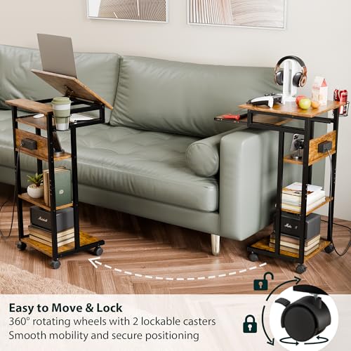 ZIFTY Couch Table with Charging Station and Storage Shelves 360°Swivel End Table with Shelves and Wheels C Shaped End Table for Laptops Tv Tray Side Table for Living Room Bedroom Rustic