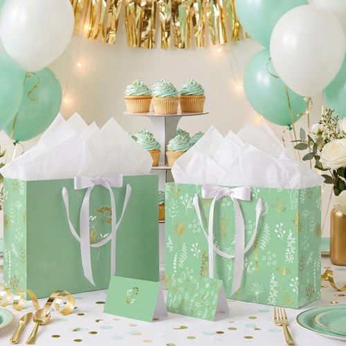 woric 13.7" Sage Green Gift Bags for Women, 2 Pcs Gift Bag with Handles | 2 Pcs Bag with Tissue Paper & Cards, Wedding Bridal Shower, Birthday Baby Showers, Special Occasions - color: Sage green