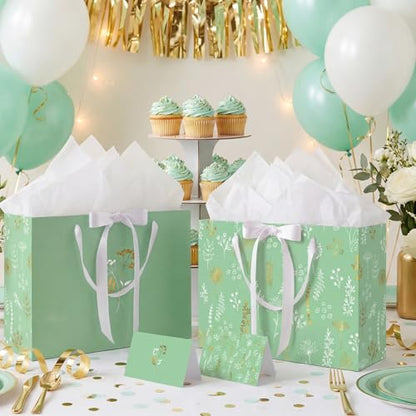 woric 13.7" Sage Green Gift Bags for Women, 2 Pcs Gift Bag with Handles | 2 Pcs Bag with Tissue Paper & Cards, Wedding Bridal Shower, Birthday Baby Showers, Special Occasions - color: Sage green