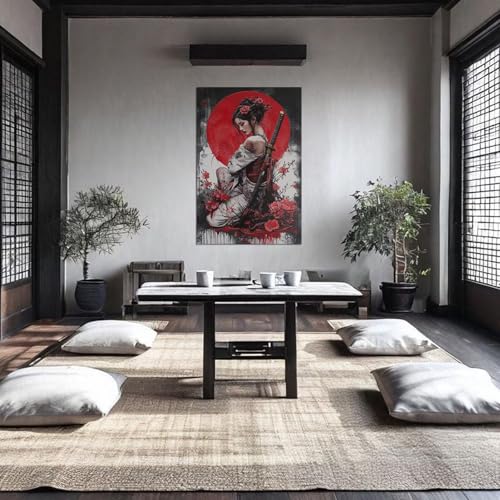 HQLLingArt Geisha Samurai Wall Art Picture Japanses Wall Decor for Home Living Room Bedroom Asian Artwork Canvas Prints Framed Ready to Hang(12''W x 16''H) - color: samurai art-12, size: 12"L x 16"W