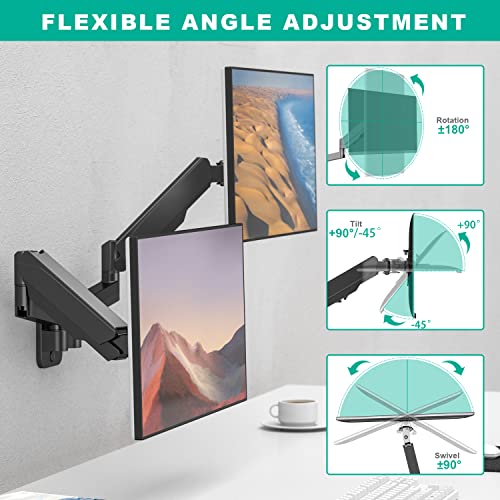 UPGRAVITY Dual Monitor Wall Mount, Double Monitor Wall Stand for Two 17-32 inch Flat Computer Screens, Height Adjustable Gas Spring Mounted Bracket Arms Hold up to 17.6lbs, VESA 75/100
