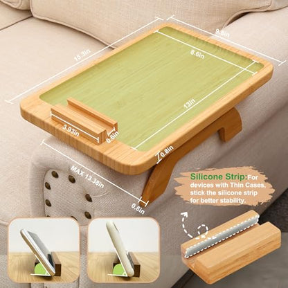 SINWANT Couch Arm Tray,Bamboo Sofa Clip on Side Table,Foldable Couch Armrest Table with 360°Rotating Phone Holder,Anti Slip Food Trays for Eating/Drinks/Snacks/Remotes 15.35" x 9.85" - color: Natural