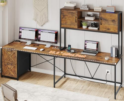 SEDETA L Shaped Desk with Drawers, 62.2" Home Office Desk with Fabric File Drawers and Power Outlet, L Shaped Desk with Hutch, Storage Shelves, LED Lights, Rustic Brown - color: Rustic Brown