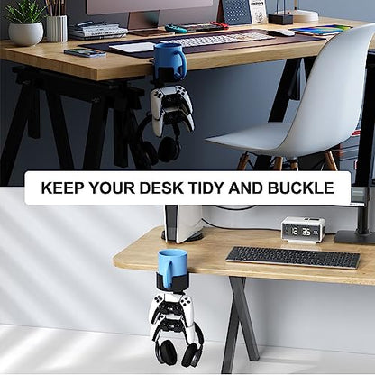 3 in 1 Desk Cup Holder with Headphone and Controller Stand, Universal Adjustable & 360° Rotating Clamp on Under Desk Headphone Hanger for Mugs, Headsets, Gamepads, Phone and Pen