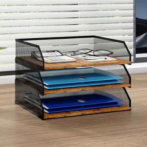 Natwind 3-Tier Stackable Metal Mesh Paper Organizer with Sliding Tray,Retro | Wooden Desk Organizer, Letter Tray For Desktop,File Holder For Home Office School Classroom Organization - size: 3 Tier