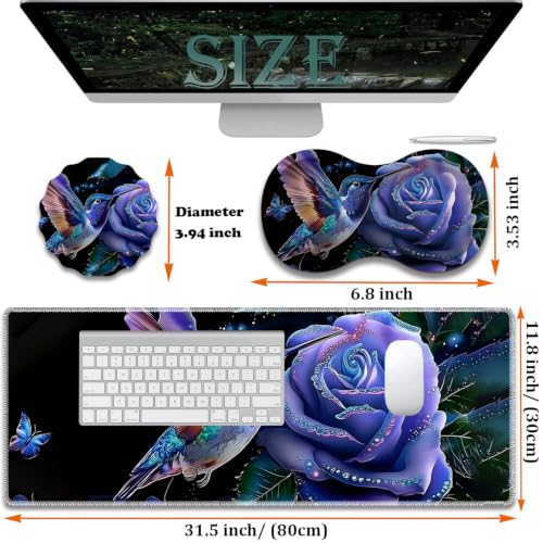 Large Gaming Mouse Pad + Wrist Rest+ Coaster Combo, 31.5 "x 11.8" Durable Non-Slip Extension Table Mat, Suitable for Office and Home, Hummingbird Flower - color: Hummingbird Flower