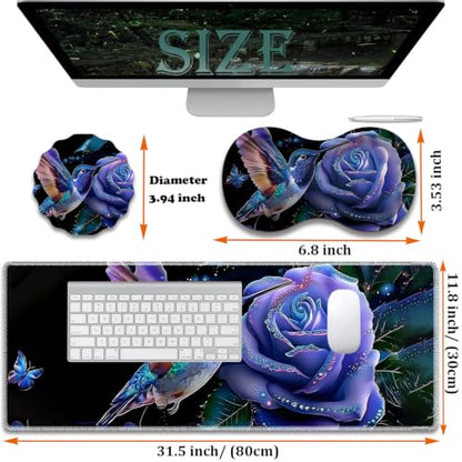 Large Gaming Mouse Pad + Wrist Rest+ Coaster Combo, 31.5 "x 11.8" Durable Non-Slip Extension Table Mat, Suitable for Office and Home, Hummingbird Flower - color: Hummingbird Flower