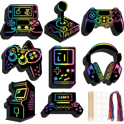 LUUFILx 80 Pcs Video Game Scratch Cards Video Game Birthday Party Decorations Colorful Rainbow Scratch Paper Art with Wooden Stylus for Birthday Party Classroom DIY Activities - style: Video Game