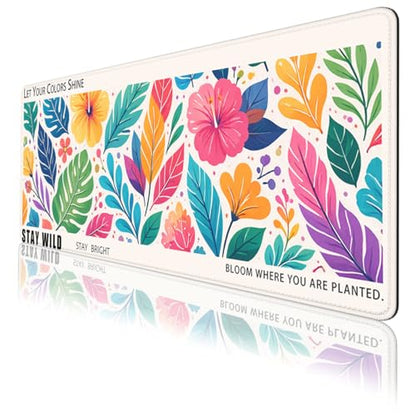 Inspirational Quote Mouse Pad Colorful Floral Leaves Tropical Large Desk Mat with Stitched Edges,Non-Slip Waterproof Rubber Base Mouse Mat Office Computer Keyboard Laptop 31.5"x11.8" - color: Inspirational Quote