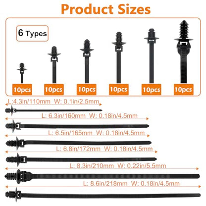60Pcs Nylon Universal Cable Tie with Buckle Push Mount Zip Tie Mount ChristmasTree Zip Ties Mounts Automotive Cable Ties Wire Clips Fuel Line Ziptie High Temp Heat Resistant Wire Wrap (6-Types) - size: 6 Types