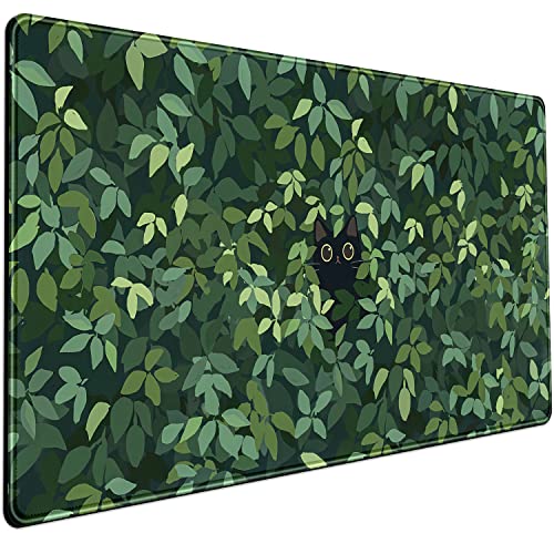 Cute Cat Kawaii Green Desk Mat - Large Gaming Mouse Pad & Keyboard Laptop Mat - Anime XL (31.5x15.7 in) - Non-Slip Base, Stitched Edges - color: Green Plants Black Cat