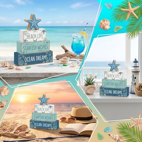 4 Pcs Summer Starfish Bathroom Table Decor Ocean Beach Tiered Tray Decor Blue Coastal Wooden Signs Shelf Sitter Sea Wishes Table Centerpieces for Home Kitchen Office Decorations - style: Starfish