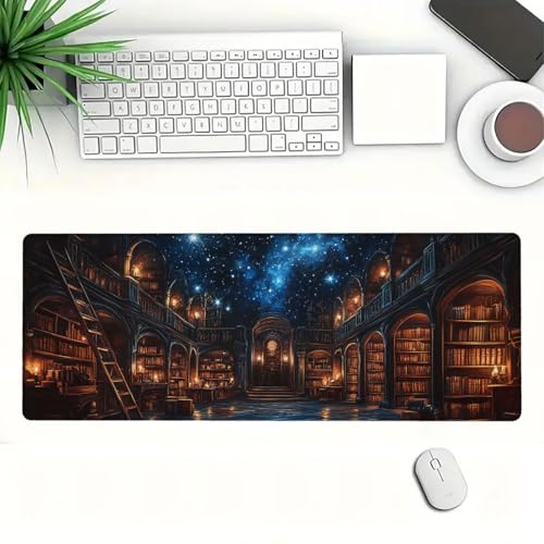 Dark Academia Library Desk Mat Gaming Desk Pad Large Mouse Keyboard Pad Magical Shelve Ancient Books Desktop Mats Computer Keyboard Pad Mouse Mat Laptop Mat Office Home Decor 31.5" x 11.8" - color: Dark Academia Library, size: 31.5L x 11.8W inches