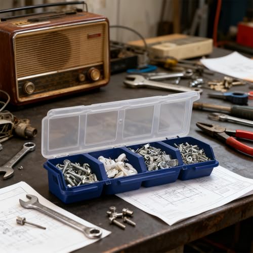 4 Pack Parts Organizer Box, 4 Compartment Hardware Storage Bin with Translucent Lid & Secure Lock, Heavy Duty PP Plastic Screw Bolt Nut Container, Stackable for Garage Workshop Workbench, Blue
