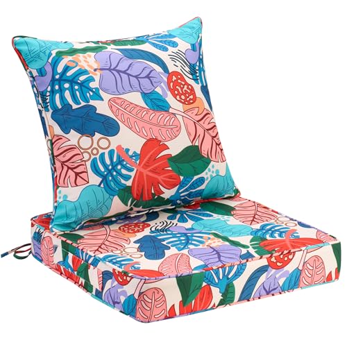 UNIKOME 19"x19"x3" Outdoor Chair Cushions Set - Waterproof Patio Cushions for Outdoor Furniture with Removable Cover, Ties & Handle, Deep Seat Patio Cushions for Sofa Couch - Colorful Leaves - color: Colorful Leaves, size: 19 x 19 x 3 Inch