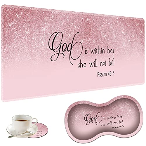 Large Gaming Mouse Pad + Mouse Wrist Rest Pad + Coaster Combination, 31.5 "x 11.8" Durable Non-Slip Extension Table Mat, Suitable for Office and Home, Bible Psalm 46-5 - color: Bible Psalm 46-5