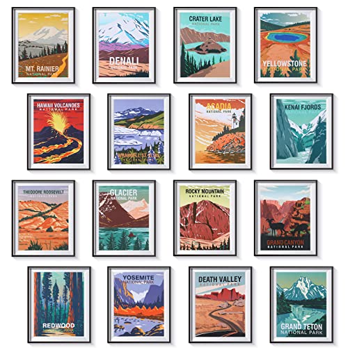 Gersoniel 16 Pieces Vintage National Park Art Posters Prints Nature Art and Mountain Wall Print Set Abstract Travel Scenery Wall Decor for Living Room Bedroom Bathroom Decor(Vintage Style) - color: Vintage Style
