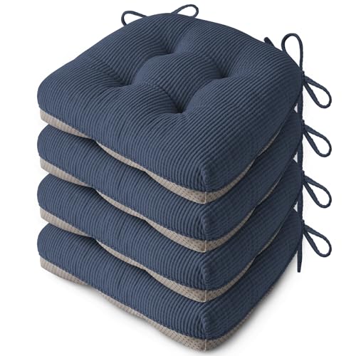 Indoor Kitchen Chair Cushions Set of 4 18"X16.5"X3" Soft Anti Slip Dining Chair Pads Tufted Kitchen Seat Cushion with Ties, Blue - color: Blue
