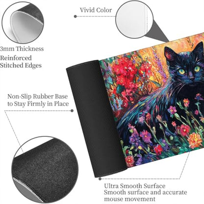 Black Cat Desk Mat Vibrant Wildflower Garden Colorful Fantasy Art XL Mouse Pad Large Mousepad Extended Laptop Keyboard Mat Gaming Desk Pad Mouse Mat 31.5x11.8 Inch - color: Black Cat