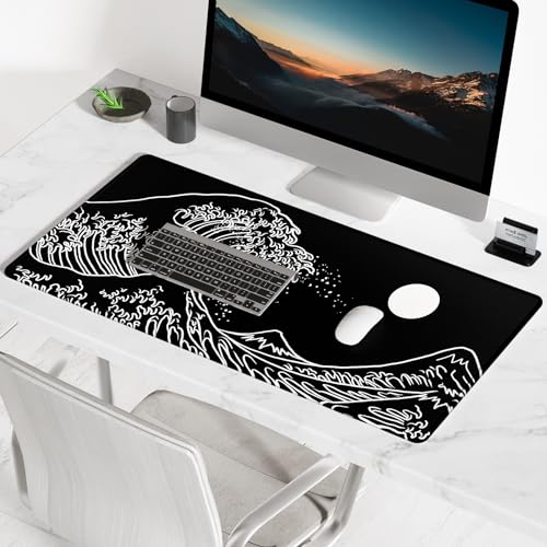 BOSOBO Large Desk Pad, XXL Extended Gaming Mouse Pad & Keyboard Mat, Desktop Full Cover 31.5 x 11.8 Inches, Art Japan Kanagawa Wave Black - color: Art Japan Kanagawa Wave, size: XL - 31.5 x 11.8 Inches