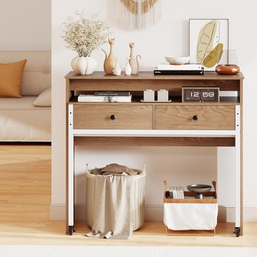 Tangkula Extendable Computer Desk with 2 Storage Drawers, Convertible Home Office Desk with Monitor Shelf, Metal Frame & Lockable Wheels, Rolling Study Writing Desk (Natural) - color: Natural