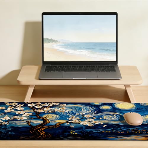 Starry Night Over A Blossom Tree Gaming Mouse Pad Large Desk Mat Extended Keyboard Anime Mousepad with Non-Slip Base and Stitched Edge for Desk Home Office Gaming,31.5 x 11.8 Inch - color: Starry Night over A Blossom Tree, size: 11.8*31.5inch