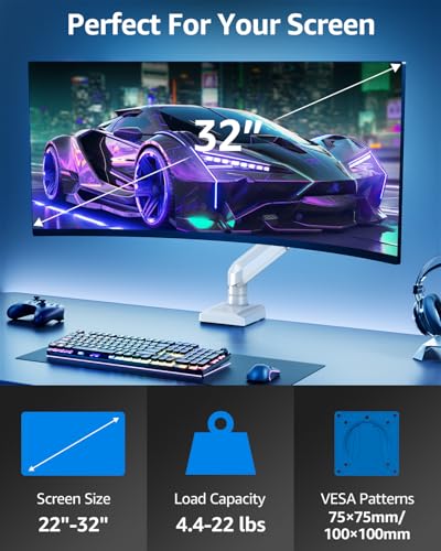 Single Monitor Mount for 32 27 24 22 inch Screen, Monitor Arm Holds 4.4-22 lbs, Monitor Desk Mount, Gaming & Home Office Use, VESA 75x75mm & 100x100mm, Freelift Pro White - color: White, size: Single