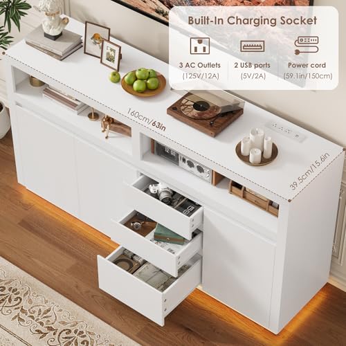 FACBOTALL 63" W Modern TV Stand, Large Entertainment Center with Storage Cabinets & Drawers, Media Console Cabinet up to 70 Inch with LED Lights & Power Outlet, TV Consoles for Living Room, White - color: White