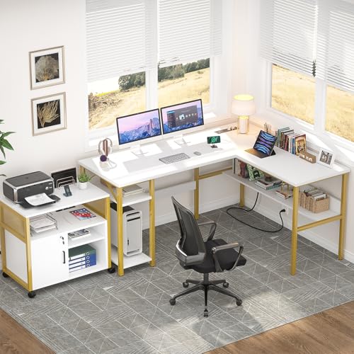 Unikito Reversible L Shaped Desk with Magic Power Outlets and USB Charging Ports, Sturdy Corner Computer Desk with Storage Shelves, Gaming Table Home Office Desk, Easy to Assemble, White and Gold - color: White and Gold