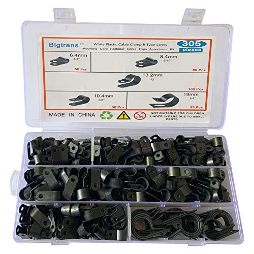 Bigtrans 305 Pcs Nylon Plastic R-Type Wire Clips 1/4" 5/16" 3/8" 1/2" 3/4" Clamps Fasteners Assortment for Cable Conduit -5 Size -Black - color: Black, size: 305 Pack Clips Only