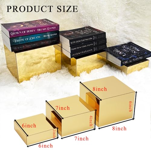 3 Pcs Gold Acrylic Risers Display Stands, Mirrored Nesting Cube Boxes Pedestal for Figures Collectibles, Jewelry Purse Wallet Showcase Blocks, Buffet Risers Food Display Catering Dessert Cake - size: Gold 3pcs (6",7",8")