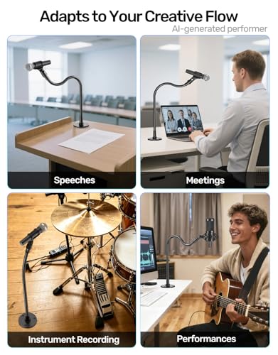 Gooseneck Mic Stand -19" Podium Microphone Holder, Heavy Duty Adjustable Desk/Wall Mount Flexible Arm with Flange Mount, Compatible with Dynamic Mics for Podcast, Studio, Lecture, Gaming, Streaming - size: 19" Gooseneck + Flange Mount