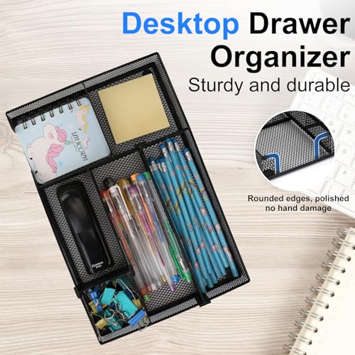 SANWICH Desk Organizer, Desk Drawer Organizer Tray with 2 Adjustable Compartments, Desktop Metal Mesh Office Desk Organizer, Multifunction Pen Organizer Set for Office School Home Makeup Supplies (1)