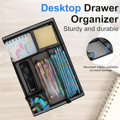 SANWICH Desk Organizer, Desk Drawer Organizer Tray with 2 Adjustable Compartments, Desktop Metal Mesh Office Desk Organizer, Multifunction Pen Organizer Set for Office School Home Makeup Supplies (1)