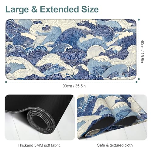 Ocean Waves Extended Gaming Mouse Pad 35.4 x 15.7 Inch – Stylish Desk Mat for Gaming, Office, and Study with Non-Slip Rubber Base - color: #41, size: 35.4 x 15.7 Inch