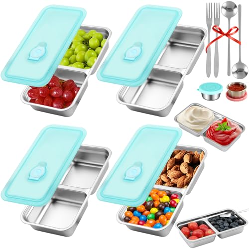 KITHELP 4 Pcs Grab and Go Snack Containers Reusable with Lids, Stainless Steel Double Compartment Snack Containers with 2 Forks 2 Spoons and 2 Salad Dressing Container, for Camping, Lunch, Dessert - color: Blue-4